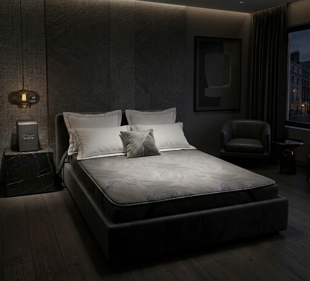 Chambre de luxe sombre avec le Eveyra Mat sur le lit et le Core sur la table de chevet