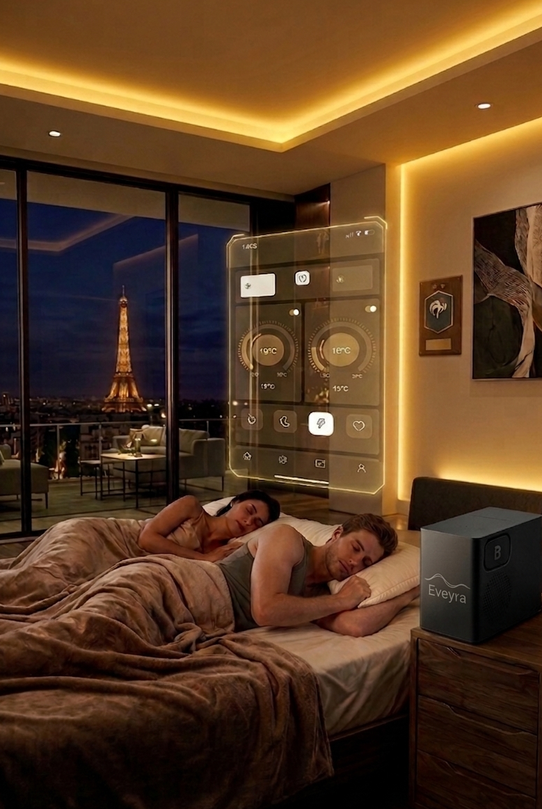 Couple endormi avec l'interface holographique de l'application Eveyra